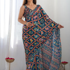 Blue Chinon Silk Print Work With Mirror Work Border Designer Saree