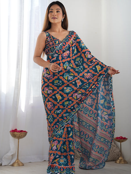 Blue Chinon Silk Print Work With Mirror Work Border Designer Saree