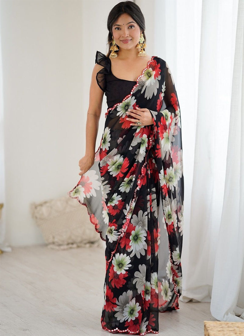 Black Georgette Silk Printed Mirror Work Border Designer Saree