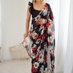 Black Georgette Silk Printed Mirror Work Border Designer Saree