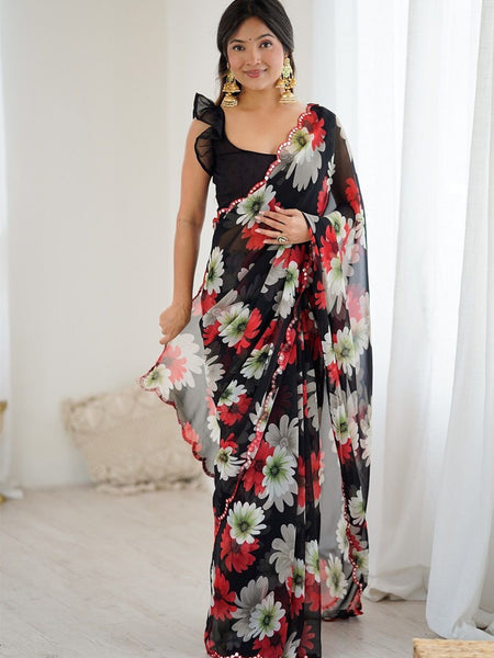 Black Georgette Silk Printed Mirror Work Border Designer Saree