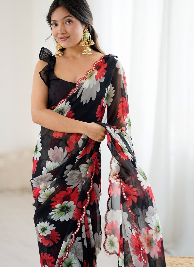 Black Georgette Silk Printed Mirror Work Border Designer Saree