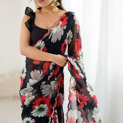 Black Georgette Silk Printed Mirror Work Border Designer Saree