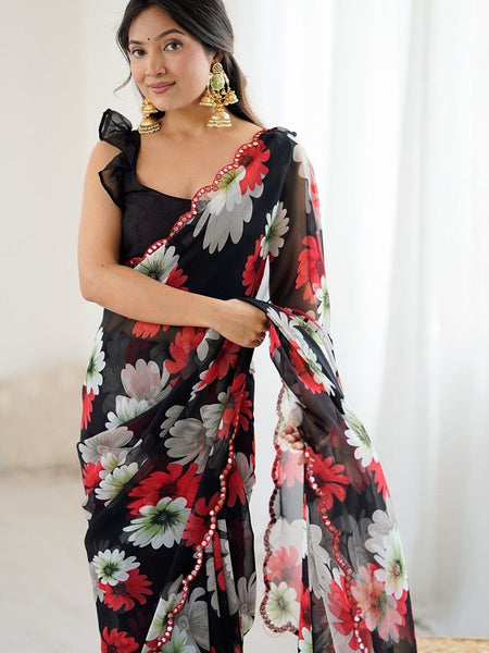 Black Georgette Silk Printed Mirror Work Border Designer Saree
