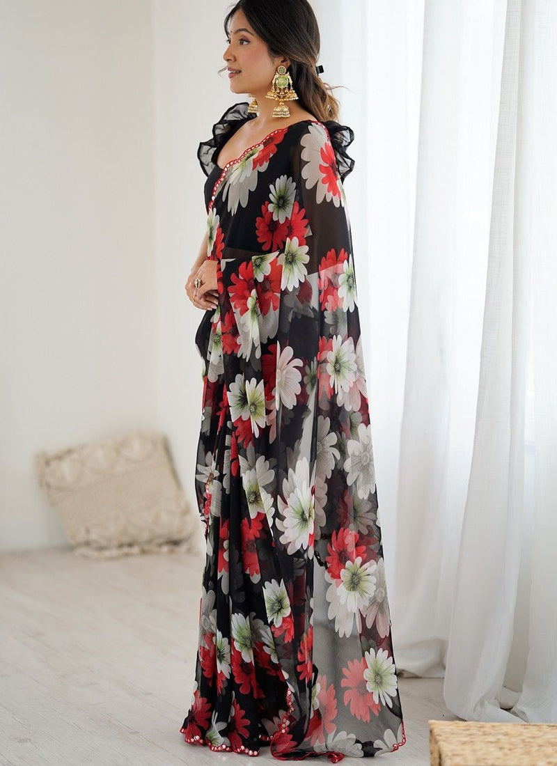 Black Georgette Silk Printed Mirror Work Border Designer Saree