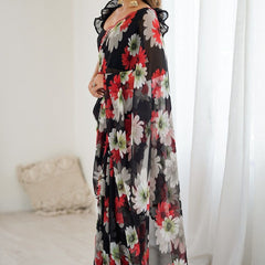Black Georgette Silk Printed Mirror Work Border Designer Saree