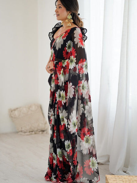 Black Georgette Silk Printed Mirror Work Border Designer Saree