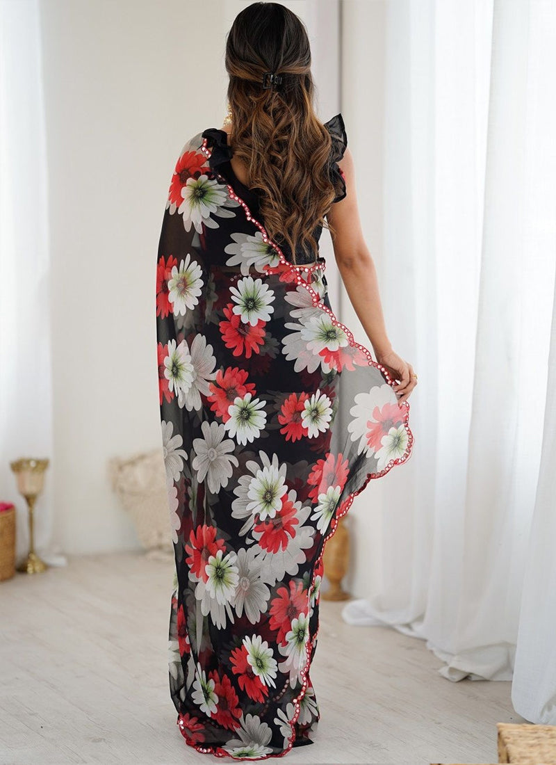 Black Georgette Silk Printed Mirror Work Border Designer Saree