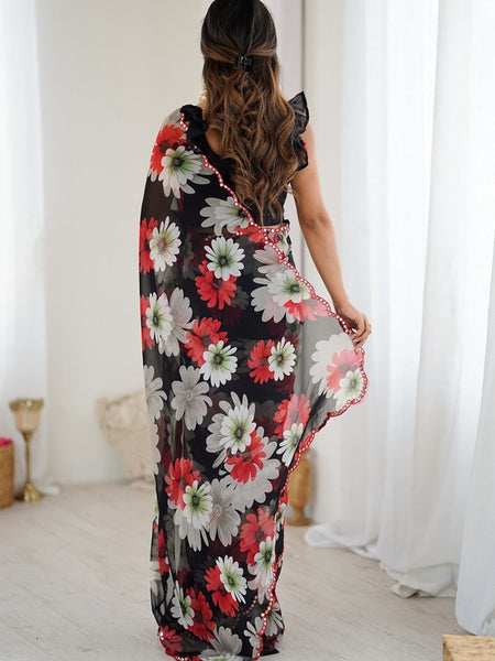 Black Georgette Silk Printed Mirror Work Border Designer Saree