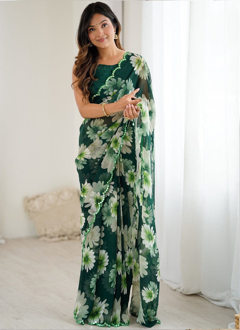 Green Georgette Silk Printed Mirror Work Border Designer Saree