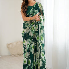 Green Georgette Silk Printed Mirror Work Border Designer Saree