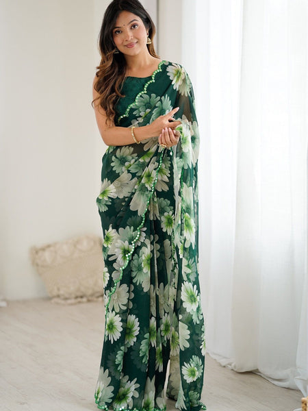 Green Georgette Silk Printed Mirror Work Border Designer Saree