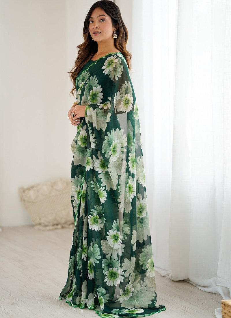 Green Georgette Silk Printed Mirror Work Border Designer Saree