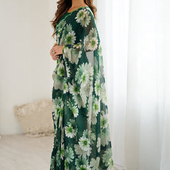 Green Georgette Silk Printed Mirror Work Border Designer Saree