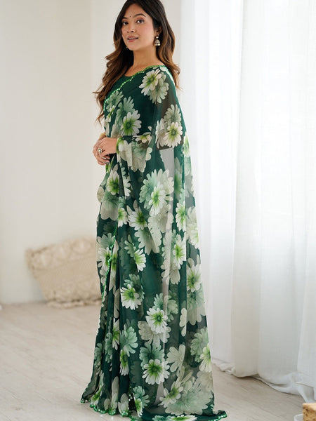 Green Georgette Silk Printed Mirror Work Border Designer Saree