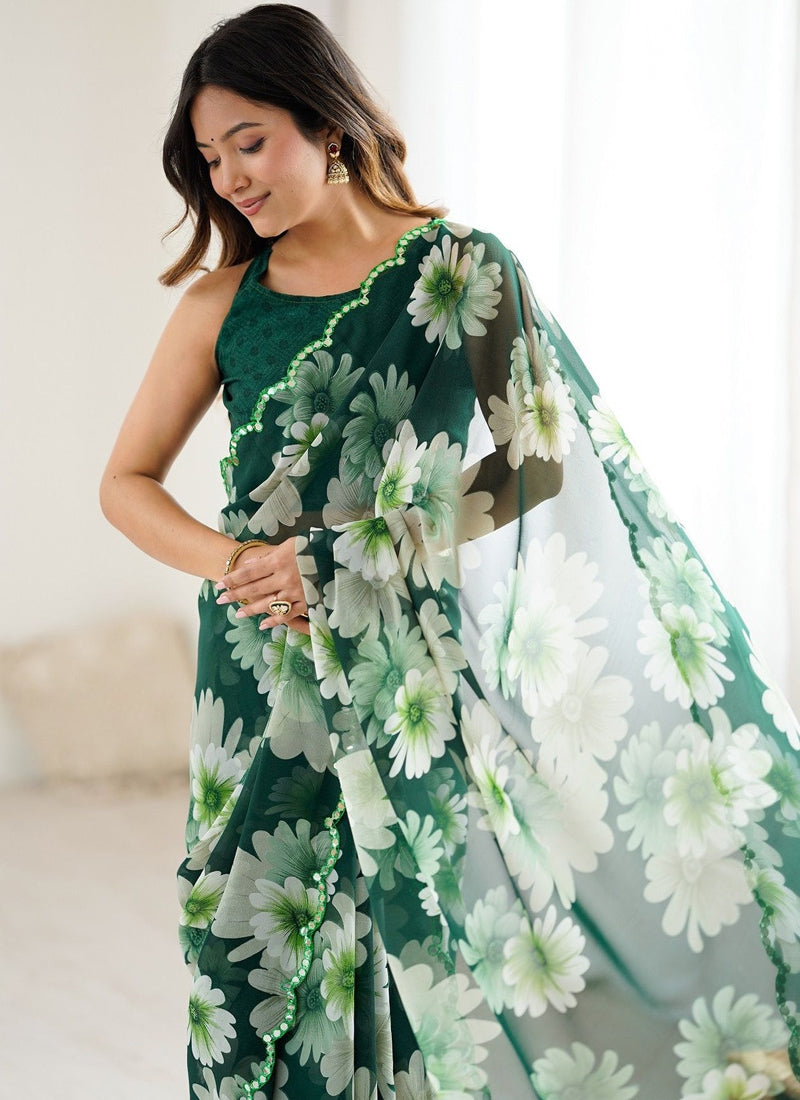 Green Georgette Silk Printed Mirror Work Border Designer Saree