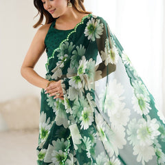 Green Georgette Silk Printed Mirror Work Border Designer Saree