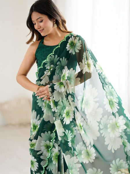 Green Georgette Silk Printed Mirror Work Border Designer Saree