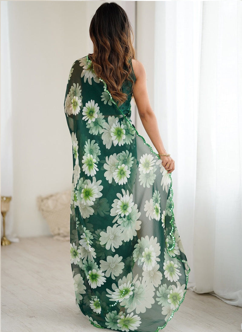 Green Georgette Silk Printed Mirror Work Border Designer Saree