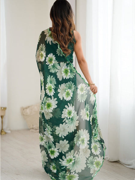 Green Georgette Silk Printed Mirror Work Border Designer Saree