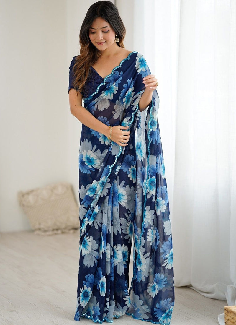 Blue Georgette Silk Printed Mirror Work Border Designer Saree