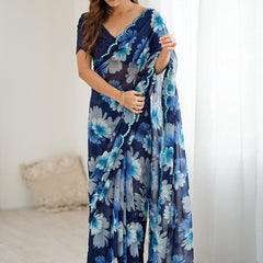 Blue Georgette Silk Printed Mirror Work Border Designer Saree