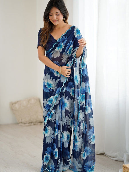 Blue Georgette Silk Printed Mirror Work Border Designer Saree