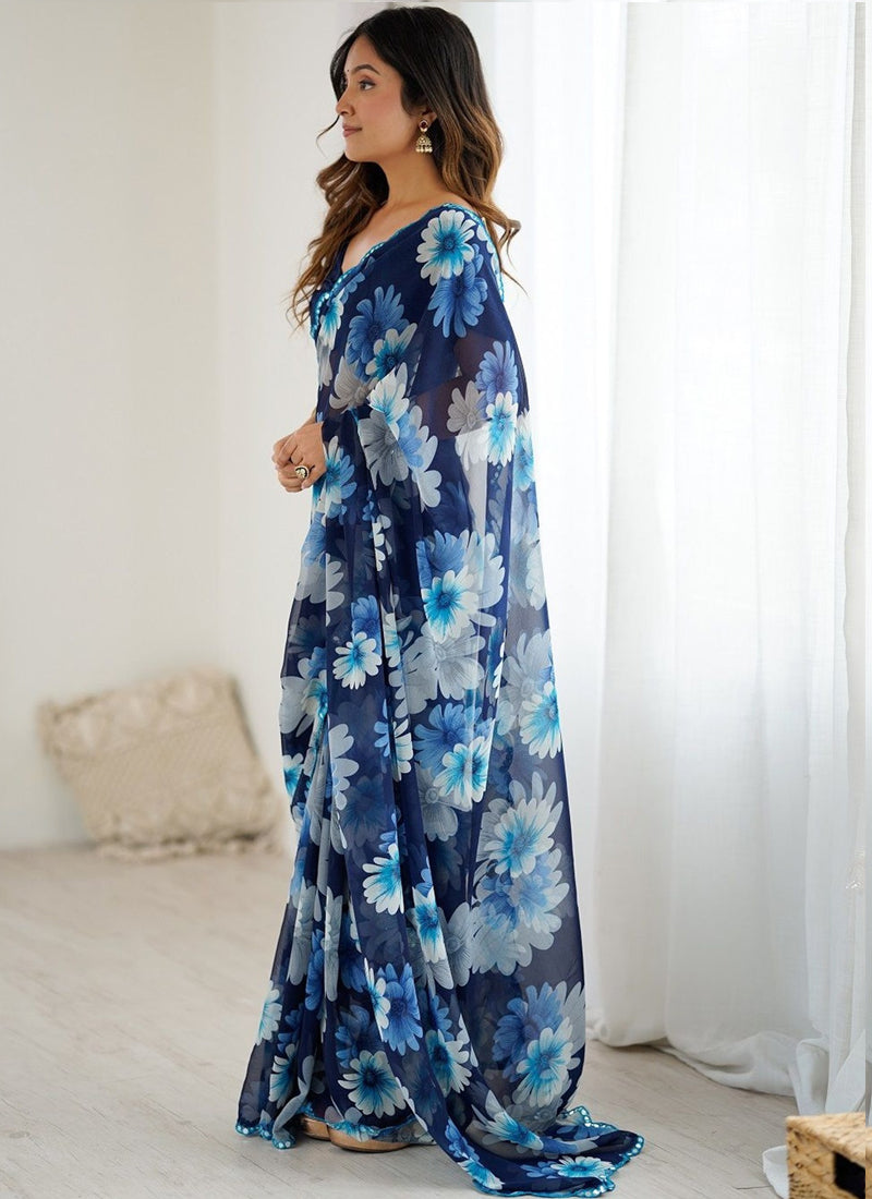 Blue Georgette Silk Printed Mirror Work Border Designer Saree