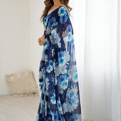 Blue Georgette Silk Printed Mirror Work Border Designer Saree