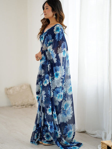Blue Georgette Silk Printed Mirror Work Border Designer Saree