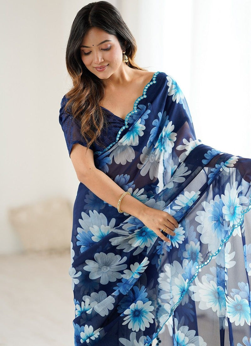 Blue Georgette Silk Printed Mirror Work Border Designer Saree
