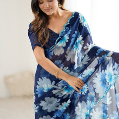 Blue Georgette Silk Printed Mirror Work Border Designer Saree