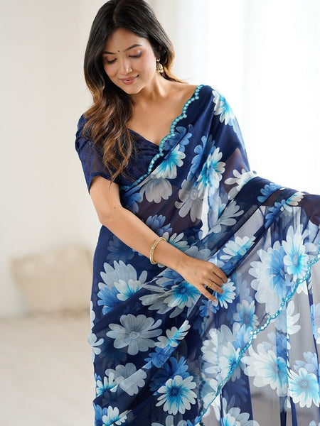 Blue Georgette Silk Printed Mirror Work Border Designer Saree