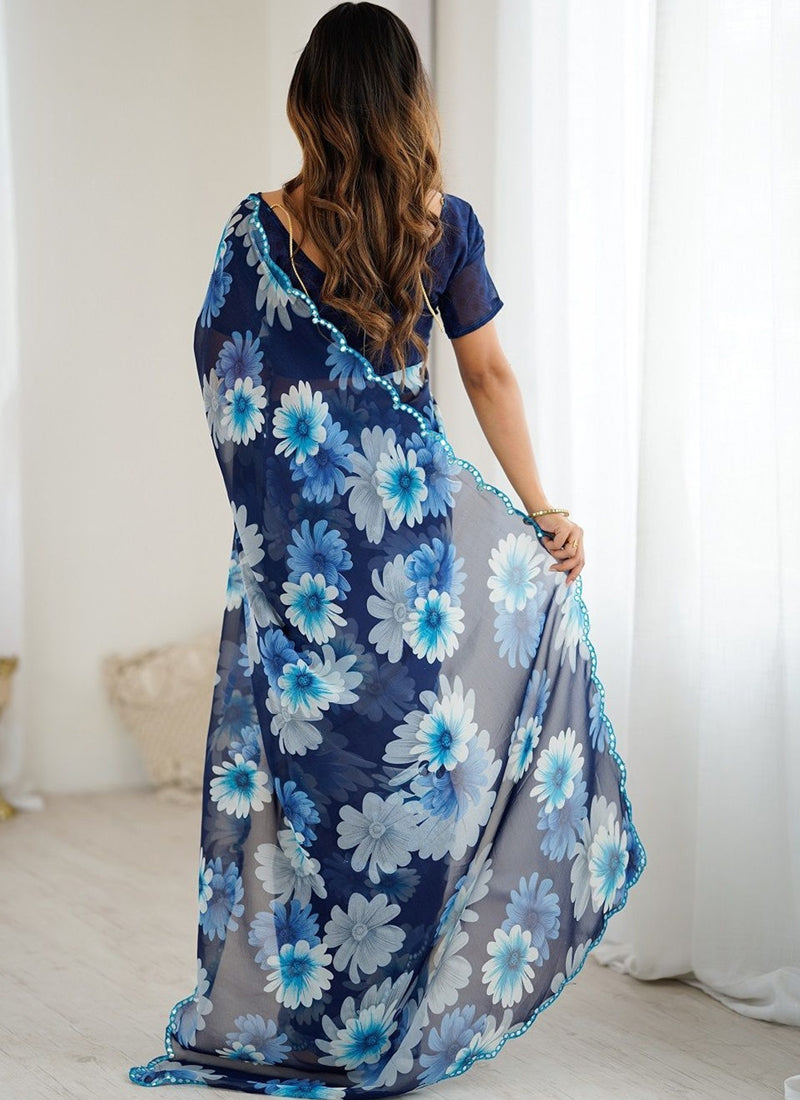 Blue Georgette Silk Printed Mirror Work Border Designer Saree