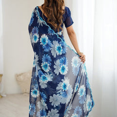 Blue Georgette Silk Printed Mirror Work Border Designer Saree