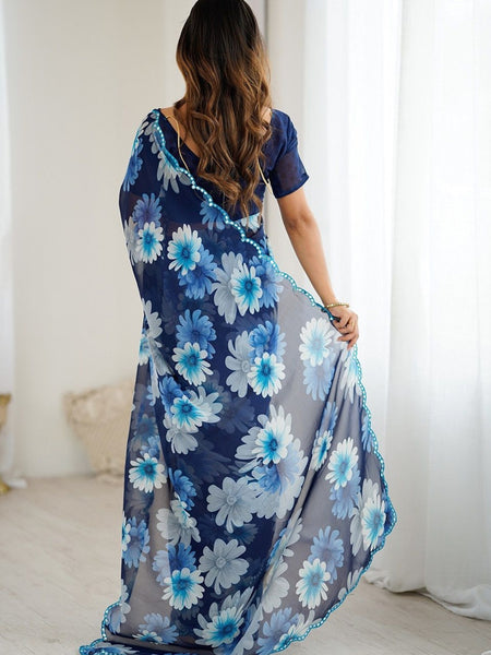 Blue Georgette Silk Printed Mirror Work Border Designer Saree