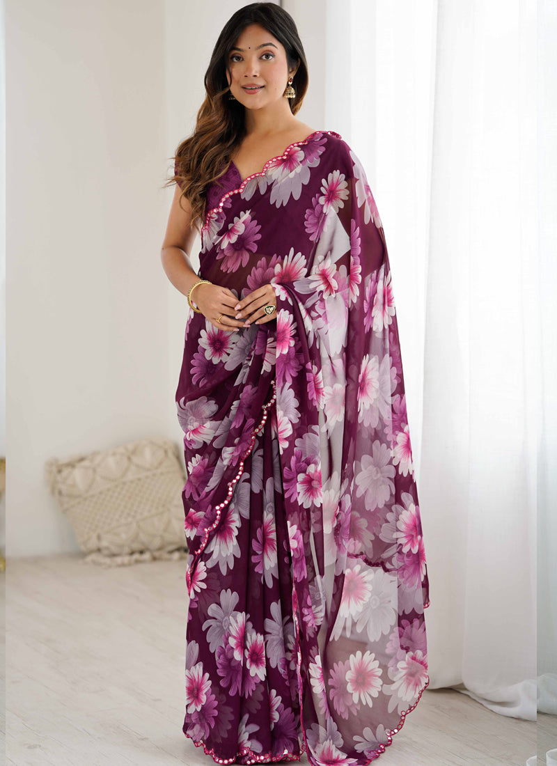 Purple Georgette Silk Printed Mirror Work Border Designer Saree