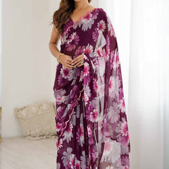 Purple Georgette Silk Printed Mirror Work Border Designer Saree