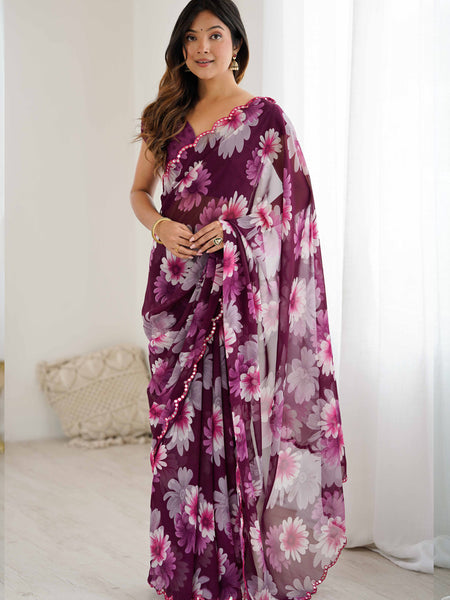 Purple Georgette Silk Printed Mirror Work Border Designer Saree