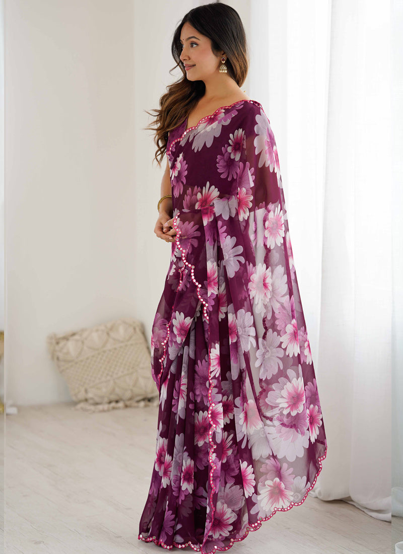 Purple Georgette Silk Printed Mirror Work Border Designer Saree