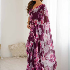 Purple Georgette Silk Printed Mirror Work Border Designer Saree