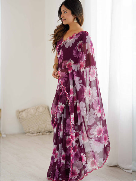 Purple Georgette Silk Printed Mirror Work Border Designer Saree