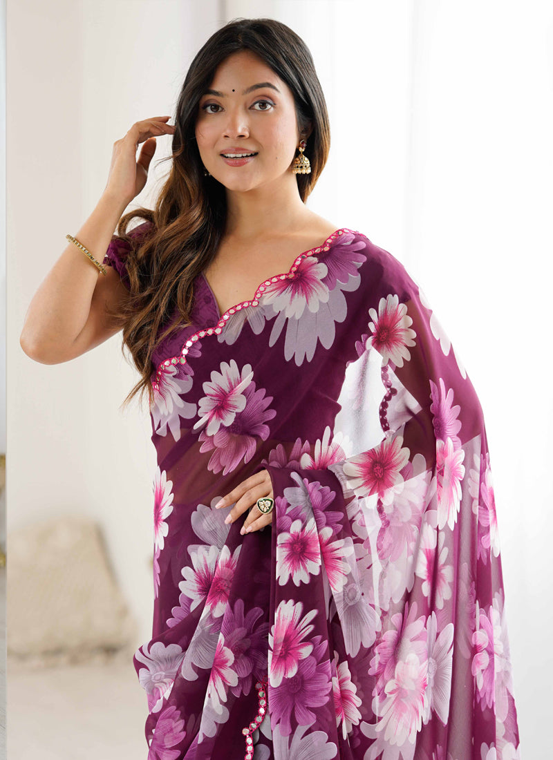Purple Georgette Silk Printed Mirror Work Border Designer Saree