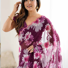 Purple Georgette Silk Printed Mirror Work Border Designer Saree