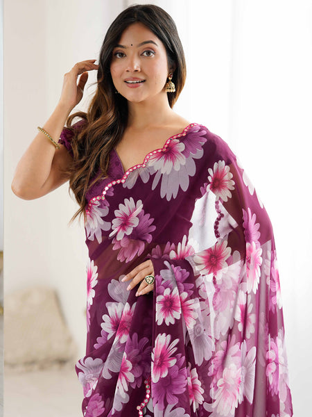 Purple Georgette Silk Printed Mirror Work Border Designer Saree