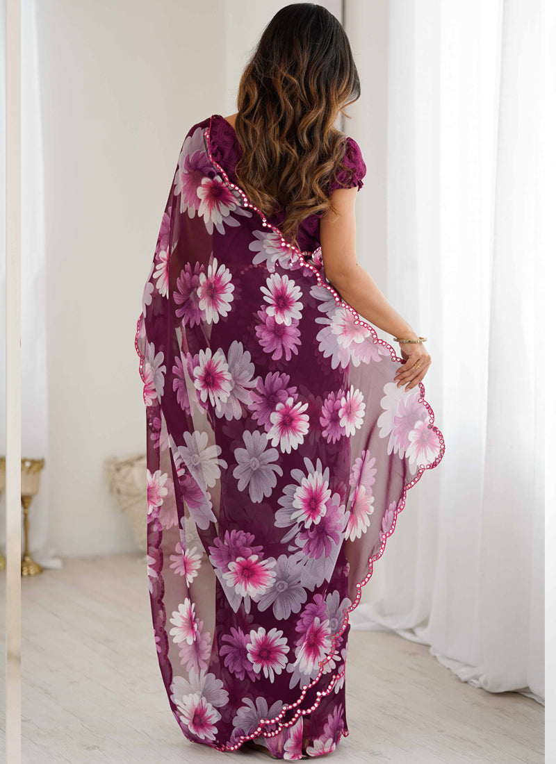 Purple Georgette Silk Printed Mirror Work Border Designer Saree