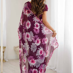 Purple Georgette Silk Printed Mirror Work Border Designer Saree