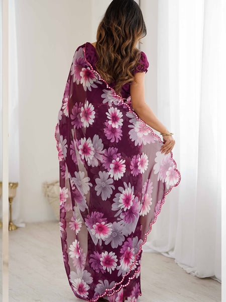 Purple Georgette Silk Printed Mirror Work Border Designer Saree