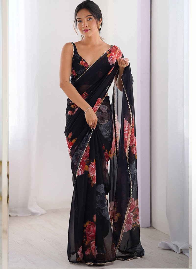 Black Georgette Silk Printed Moti Work Border Designer Saree