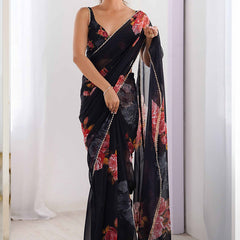 Black Georgette Silk Printed Moti Work Border Designer Saree
